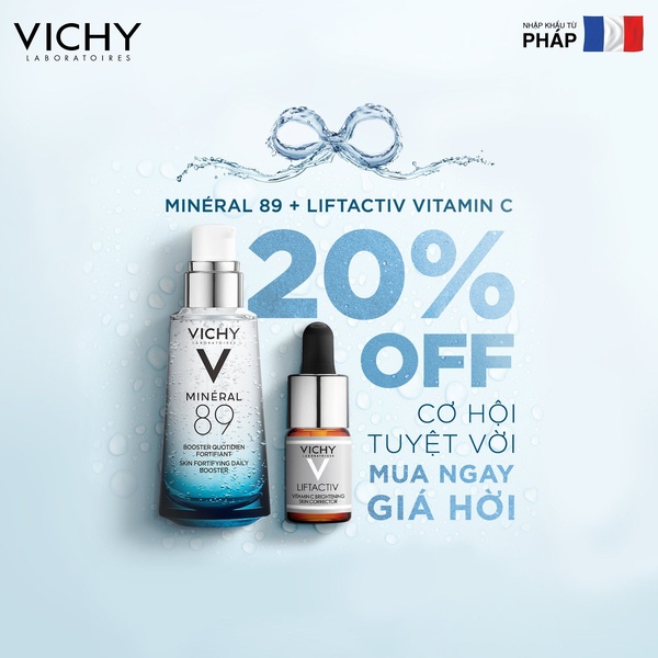 A clean, minimalist 1:1 square advertisement highlighting a 20% discount on a serum duo, utilizing a water-drop visual theme to reinforce hydration benefits.